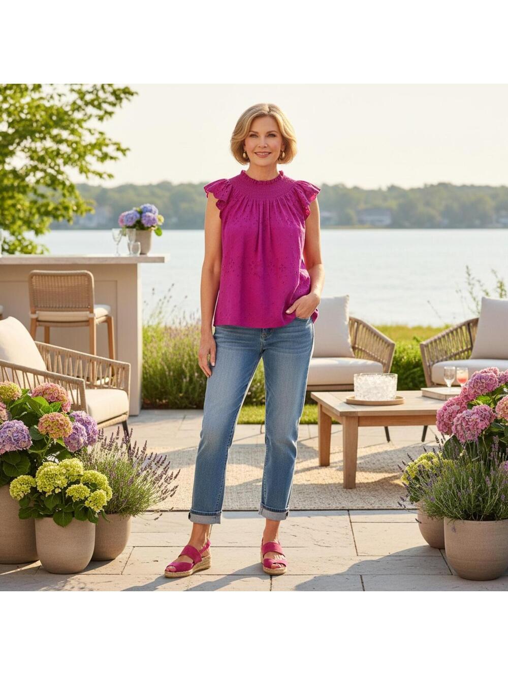 Sleeveless Ruffled Neck Blouse in Magenta